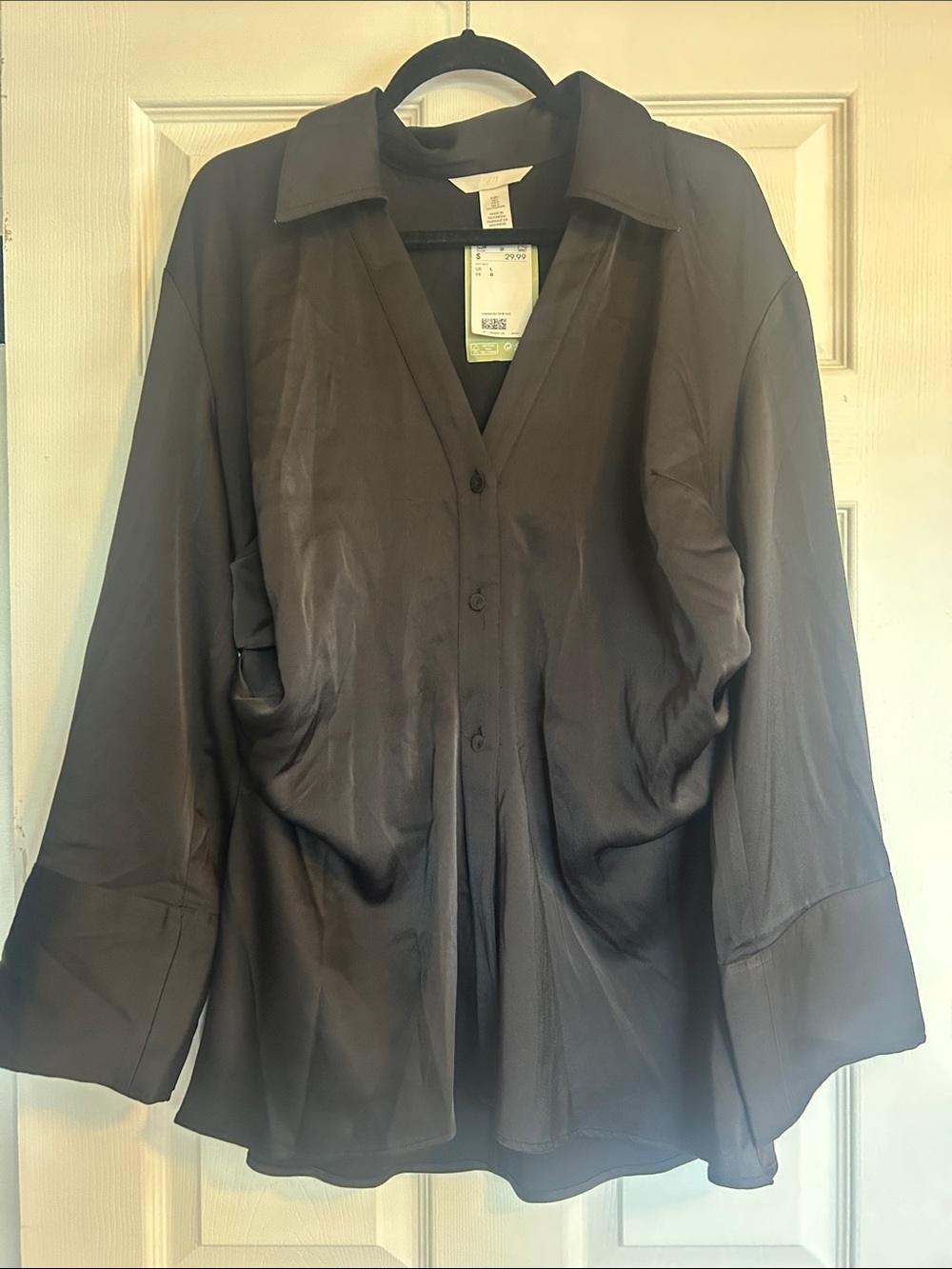 Satin-Look Button Front Blouse in Charcoal